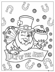 Winking Leprechaun Coloring Page with Coins and Horseshoes