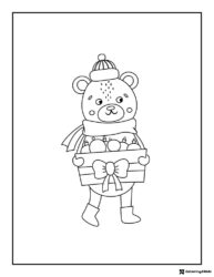 Winter Bear Coloring Page with Box of Ornaments and Bow