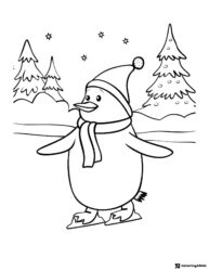Winter Penguin Coloring Page with Scarf and Ice Skates
