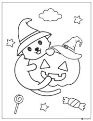 Witch Cat Coloring Page Hugging a Smiling Pumpkin