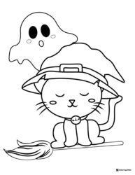 Witch Cat and Ghost Coloring Page on Broomstick