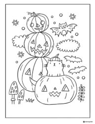 Witch Cat and Jack o Lantern Coloring Page with Stars and Candy