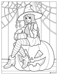 Witch Girl Coloring Page with Jack o Lantern and Spider Web