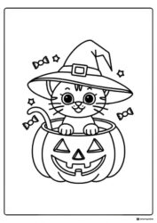 Witch Hat Cat in Pumpkin Coloring Page with Candy Details