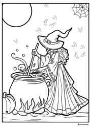 Witch Stirring Cauldron Coloring Page with Bats and Pumpkin