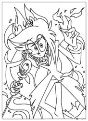 Alastor Coloring Page with Microphone Staff and Flames