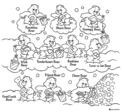 All Care Bears Coloring Sheet on clouds with stars