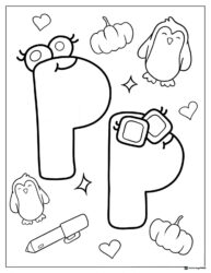 Alphabet Lore Pp Coloring Page with penguins and pumpkins