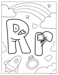 Alphabet Lore R with Rainbow and Rocket Coloring Page