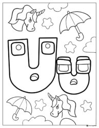 Alphabet Lore U with Unicorns and Umbrellas Coloring Sheet