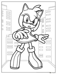 Amy Rose in the City Coloring Page with Tall Buildings