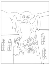 Angry Ghost Coloring Page Over a Building