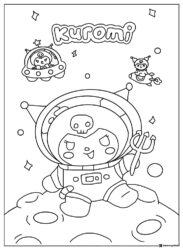 Astronaut Kuromi on moon with UFOs coloring page