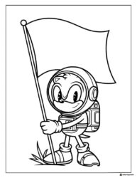 Astronaut Sonic Coloring Page with Flag and Spacesuit Gear