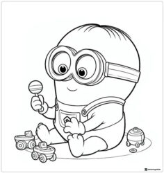 Baby Minion Coloring Page with rattle and toy trains