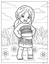 Baby Moana Coloring Page in a Field of Flowers