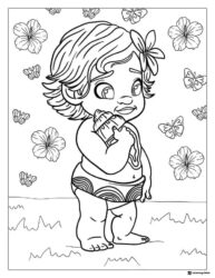 Baby Moana with Shell and Flowers Coloring Page