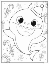 Baby Shark Christmas coloring page with Santa hat candy