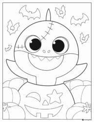 Baby Shark Halloween coloring page with pumpkins and bats