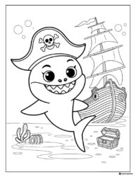 Baby Shark Pirate coloring page wearing a hat with ship