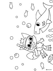 Baby Shark and diver coloring page swimming with fish