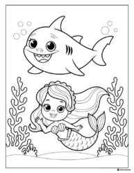 Baby Shark and mermaid coloring page swimming together