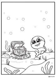 Baby Shark and treasure chest coloring page