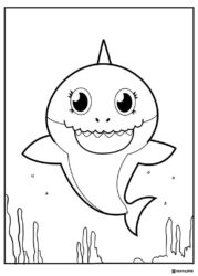 Baby Shark coloring page happily swimming in ocean