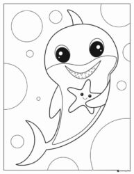 Baby Shark coloring page holding a smiling starfish