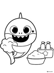 Baby Shark coloring page holding soap with bath items