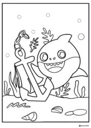 Baby Shark coloring page next to an anchor underwater