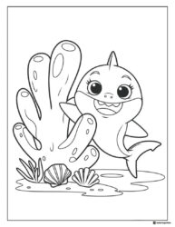 Baby Shark coloring page next to coral and shells