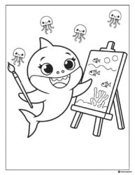 Baby Shark coloring page painting on an easel with jellyfish
