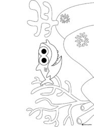 Baby Shark coloring page peeking from behind coral