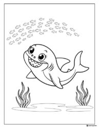 Baby Shark coloring page surrounded by school of fish