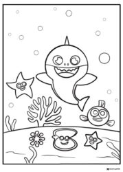Baby Shark coloring page surrounded by sea creatures