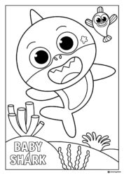 Baby Shark coloring page swimming with a small fish