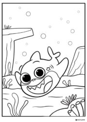 Baby Shark coloring page underwater with rocks
