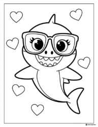 Baby Shark coloring page wearing glasses with hearts