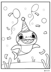 Baby Shark coloring page wearing party hat with balloons