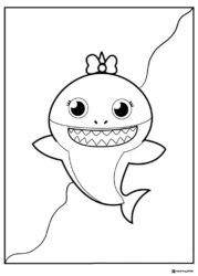 Baby Shark coloring page with a bow surrounded by lines