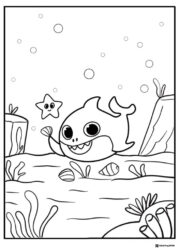 Baby Shark coloring page with a starfish and seashells