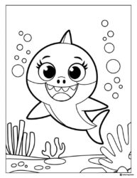 Baby Shark coloring page with bubbles and plants