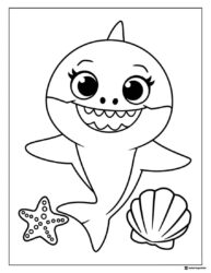 Baby Shark coloring page with starfish and seashell