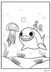 Baby Shark coloring page with various jellyfish