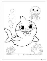 Baby Shark coloring sheet with a jellyfish and coral