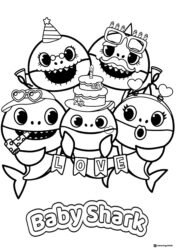 Baby Shark family coloring page celebrating with a cake