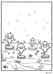 Baby Shark family coloring page standing on pedestals underwater