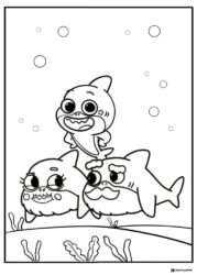 Baby Shark family coloring page underwater scene