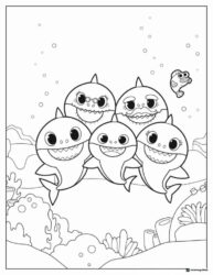 Baby Shark family coloring page underwater with coral